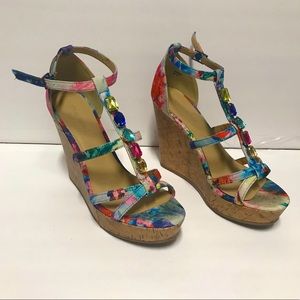 Flower print Jeweled Wedge Sandal